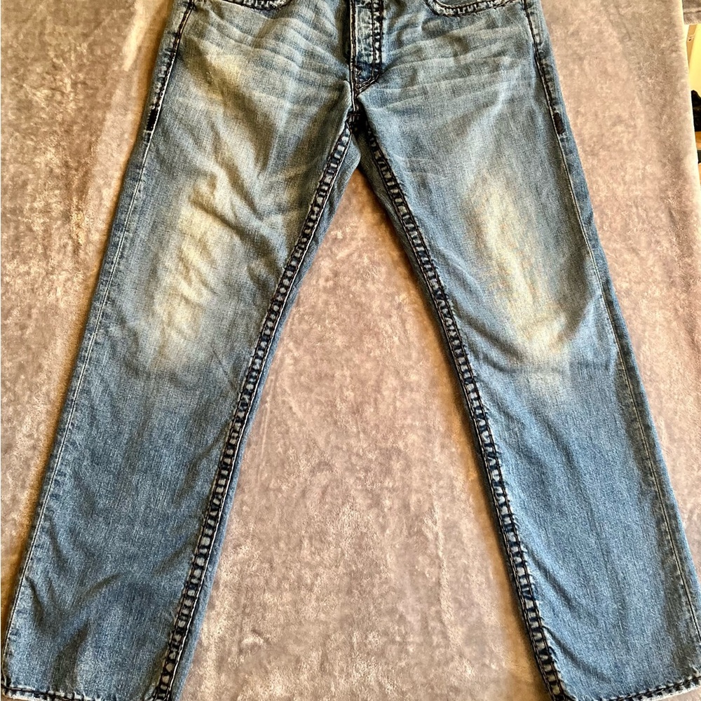 True Religion Blue Straight-Leg Jeans with Contrast Stitching